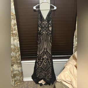 Jovani Black and Beige Sequin Dress